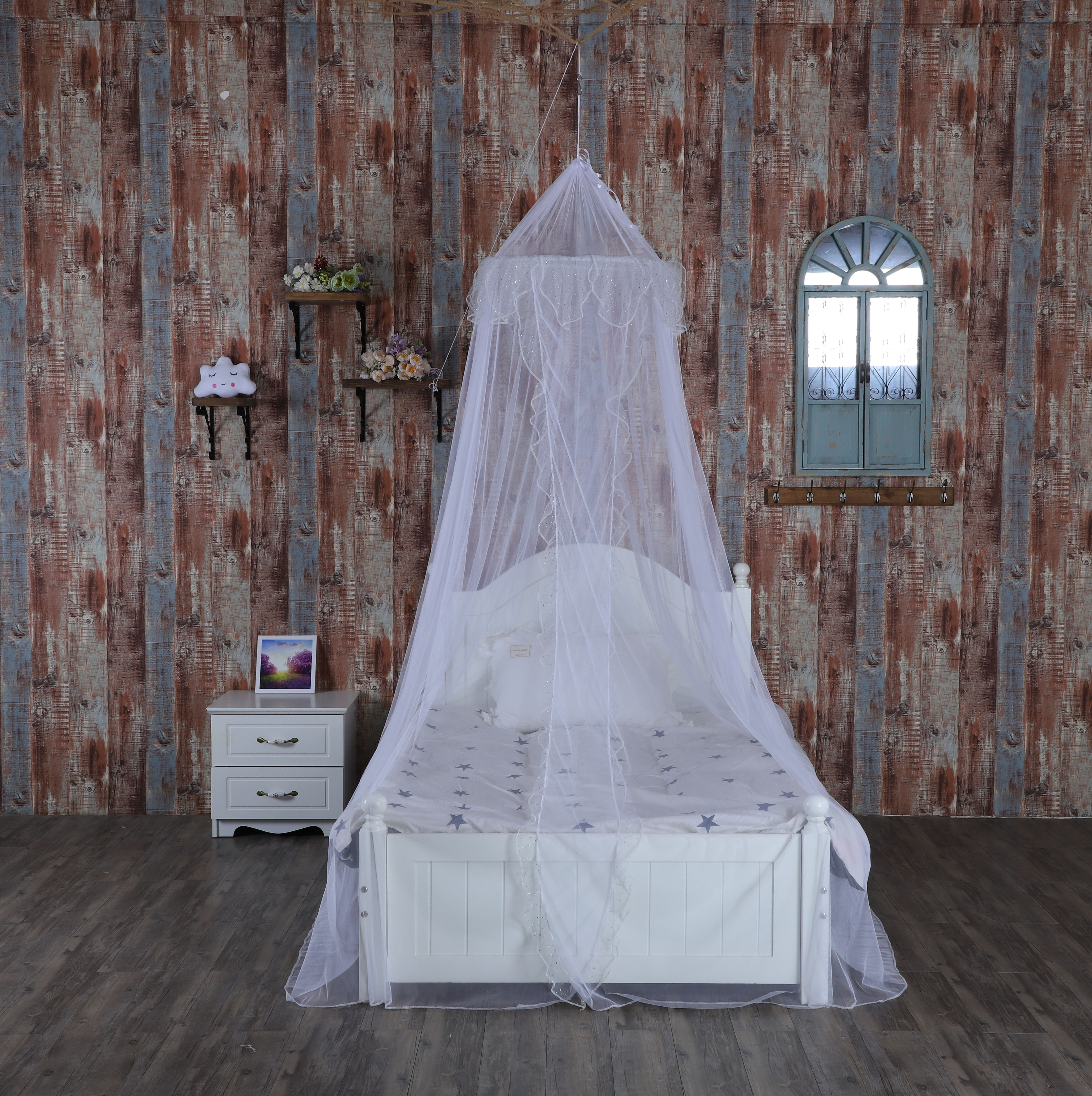 Mosquiteros de lentejuelas plateadas con dosel de cama cónico elegante de nuevo diseño